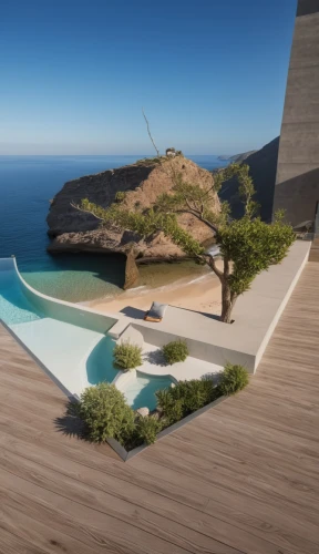 amanresorts,snohetta,dunes house,infinity swimming pool,beachfront,landscape design sydney,island suspended,dream beach,cliffside,virtual landscape,3d rendering,clifftop,holiday villa,roof landscape,beach landscape,cliff beach,boat dock,roof top pool,helipad,paradisus,Photography,General,Realistic