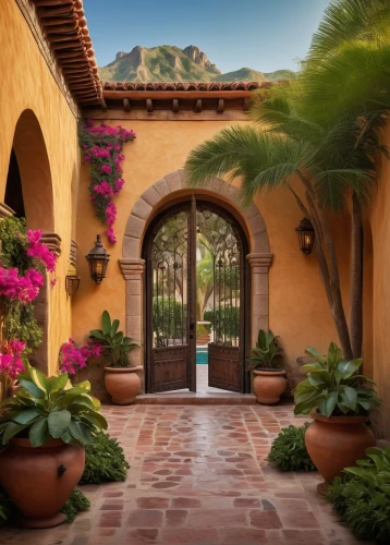 entryway,palmilla,entryways,archways,breezeway,garden door,hacienda,doorways,front porch,patios,bougainvilleas,courtyards,santa barbara,patio,doorstep,front door,porch,entranceways,entranceway,the threshold of the house,Art,Classical Oil Painting,Classical Oil Painting 31