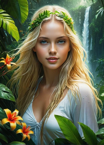 amazonica,tropical floral background,amazonian,nature background,tropical forest,faery,faerie,amazonia,beautiful girl with flowers,garden of eden,fantasy picture,portrait background,fantasy art,dryads,natural cosmetics,spring leaf background,landscape background,fantasy portrait,diwata,celtic woman,Conceptual Art,Fantasy,Fantasy 12