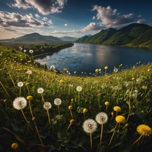 dandelion meadow,dandelion field,meadow landscape,the valley of flowers,castelluccio,mountain meadow,meadow,alpine meadow,cotton grass,summer meadow,flower field,field of flowers,meadow flowers,flower meadow,flowering meadow,beautiful landscape,eriophorum,daisies,spring meadow,ingushetia,Photography,General,Fantasy