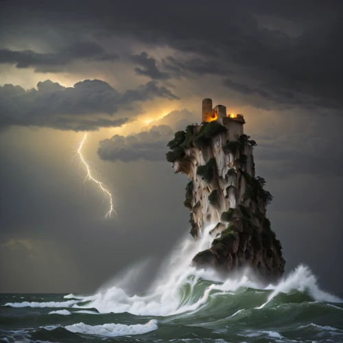fantasy picture,sea stack,electric lighthouse,lighthouse,water castle,fairy chimney,light house,sea storm,fantasy art,fantasy landscape,nature's wrath,ghost castle,god of the sea,poseidon,islet,ruined castle,knight's castle,tower of babel,tower fall,world digital painting