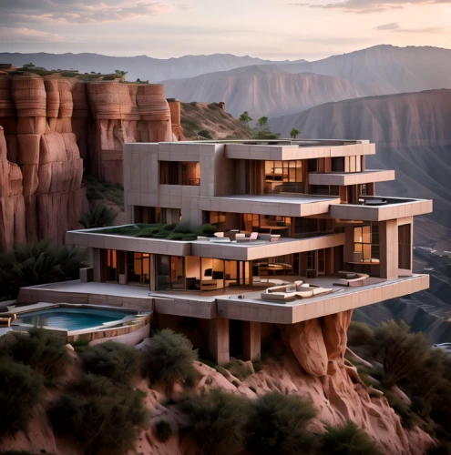 dunes house,house in the mountains,luxury property,cliff dwelling,house in mountains,futuristic architecture,modern architecture,luxury real estate,jewelry（architecture）,luxury home,cubic house,modern house,beautiful home,canyon,dune ridge,3d rendering,terraces,cube stilt houses,the desert,futuristic landscape