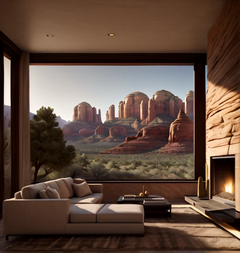 home landscape,sandstone wall,fireplace,living room modern tv,3d rendering,window treatment,fire place,sedona,desert landscape,cliff dwelling,modern living room,fireplaces,living room,beautiful home,livingroom,desert desert landscape,big window,the cabin in the mountains,house in the mountains,virtual landscape