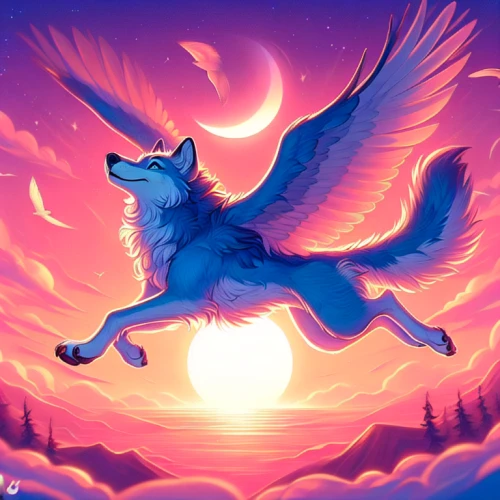 constellation wolf,howling wolf,howl,flying dog,gryphon,dusk background,wolf,moon and star background,wolves,sun moon,flight,flying girl,twilight,unicorn background,flying dogs,night bird,spirit,fantasy picture,mountain spirit,blue moon