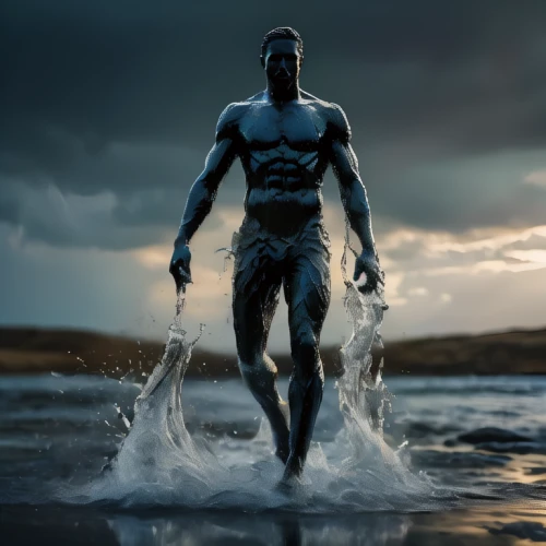 aquaman,dr. manhattan,poseidon,the man in the water,god of the sea,sea man,man at the sea,digital compositing,merman,sea god,silver surfer,muscle man,body building,3d man,swimmer,bodybuilding,statue of hercules,bodybuilding supplement,steel man,body-building