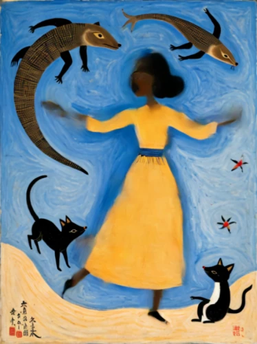 khokhloma painting,crocodile woman,woman playing,folk art,animals hunting,indigenous painting,celebration of witches,cd cover,cienaga de zapata,girl with a dolphin,girl with dog,cats playing,carol colman,the pied piper of hamelin,whirling,greyhound,animal migration,emancipation,folk-dance,arròs negre