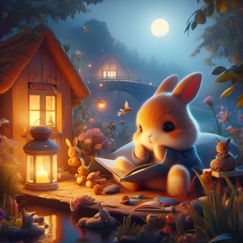 children's background,mid-autumn festival,night scene,fairy tale character,fairy village,peter rabbit,children's fairy tale,fairy house,game illustration,cute cartoon image,little fox,fairy tale,fairytale characters,dream world,fantasy picture,the night of kupala,summer evening,cute cartoon character,moonlit night,whimsical animals