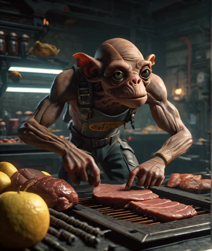 dwarf cookin,chef,slow cooked,peterbald,barbeque,game art,men chef,calamari,butcher shop,eat,cyberpunk,korokke,ratatouille,pig roast,fallout4,cookery,food and cooking,pork barbecue,pig's trotters,shopkeeper,Photography,General,Sci-Fi