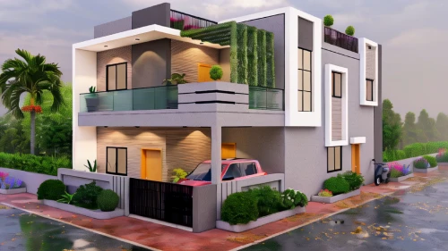 build by mirza golam pir,modern house,3d rendering,residential house,apartment house,cube stilt houses,two story house,modern architecture,small house,3d rendered,holiday villa,3d render,tropical house,cube house,cubic house,apartment building,render,an apartment,residential,large home
