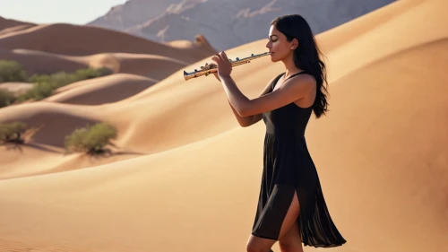 bamboo flute,flute,western concert flute,the flute,wind instrument,flautist,clarinetist,transverse flute,desert background,trumpet of jericho,woman playing violin,block flute,wind instruments,woodwind instrument,girl on the dune,capture desert,violin woman,woman playing,desert,trumpet player,Photography,General,Commercial