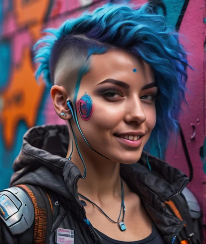 cyberpunk,punk,mohawk,blue hair,cyborg,twitch icon,bluetooth icon,punk design,renegade,graffiti,headset profile,streampunk,tracer,silphie,portrait background,pencil icon,indigo,avatar,nova,headset,Photography,General,Sci-Fi