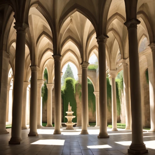 abbaye de belloc,cloister,alcazar of seville,medieval architecture,vaulted ceiling,michel brittany monastery,abbaye de sénanque,umayyad palace,convento do carmo,gothic architecture,buttress,arches,pointed arch,stanford university,colonnade,monastery israel,alcazar,alhambra,university al-azhar,pillars