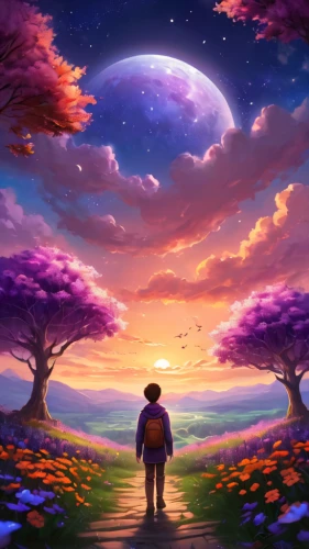 purple landscape,dream world,children's background,fantasy picture,landscape background,moon walk,purple moon,world digital painting,moon and star background,dusk background,journey,sky,violinist violinist of the moon,ipê-purple,music background,dreams catcher,cosmos,background image,cartoon video game background,the horizon,Illustration,Realistic Fantasy,Realistic Fantasy 01