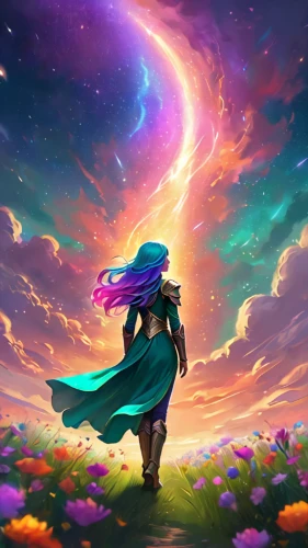 astral traveler,fantasy picture,mermaid background,fantasia,fairy galaxy,unicorn background,nebula guardian,cosmos field,sky rose,fae,rainbow background,dusk background,art background,cg artwork,colorful background,creative background,cosmos,aurora,wanderer,would a background,Illustration,Realistic Fantasy,Realistic Fantasy 01