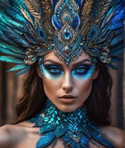 blue enchantress,feather headdress,headdress,masquerade,headpiece,blue peacock,venetian mask,fantasy art,indian headdress,fantasy portrait,cleopatra,fairy peacock,peacock,brazil carnival,fantasy woman,peacock eye,peacock feathers,ice queen,warrior woman,3d fantasy,Photography,General,Fantasy