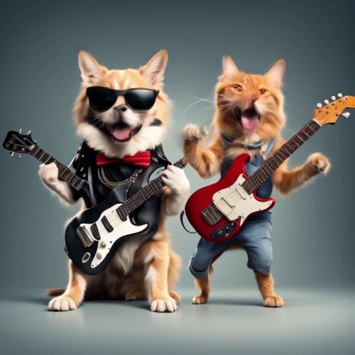 rock band,guitar player,rock and roll,rock 'n' roll,rock music,rock'n roll,music band,the cat and the,pet vitamins & supplements,dog - cat friendship,musicians,sock and buskin,rock n roll,fender,musical rodent,street dogs,anthropomorphized animals,dog and cat,raging dogs,vintage cats