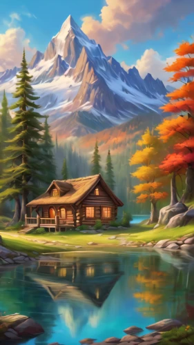 landscape background,autumn background,mountain scene,fall landscape,autumn mountains,autumn landscape,mountain landscape,home landscape,salt meadow landscape,house in mountains,autumn idyll,mountain settlement,mountainous landscape,log cabin,fantasy landscape,the cabin in the mountains,world digital painting,nature landscape,autumn scenery,house in the mountains,Illustration,Realistic Fantasy,Realistic Fantasy 01