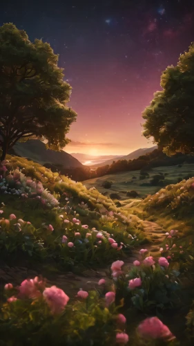 fantasy landscape,landscape background,meadow in pastel,cosmos field,blooming field,purple landscape,meadow landscape,springtime background,dusk background,beauty scene,fantasy picture,spring background,salt meadow landscape,violet evergarden,sakura background,forest landscape,japanese sakura background,evening atmosphere,flower field,backgrounds,Photography,General,Cinematic