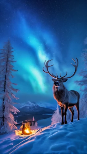 glowing antlers,santa claus with reindeer,sleigh with reindeer,nordic christmas,reindeer,finnish lapland,reindeer from santa claus,reindeer polar,lapland,north pole,elk,raindeer,winter deer,christmasbackground,rudolph,rudolf,northern light,polar lights,caribou,christmas snowy background,Illustration,Realistic Fantasy,Realistic Fantasy 02