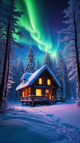 northen lights,the northern lights,winter house,norther lights,nordic christmas,northern light,northern lights,polar lights,christmas landscape,christmas snowy background,finnish lapland,lapland,winter background,north pole,auroras,snowhotel,northernlight,christmasbackground,northen light,the cabin in the mountains,Illustration,Realistic Fantasy,Realistic Fantasy 03