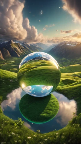 crystal ball-photography,glass sphere,crystal ball,little planet,futuristic landscape,green bubbles,mother earth,giant soap bubble,terraforming,lensball,earth in focus,parallel worlds,fantasy landscape,globule,landscape background,glass ball,earth,soap bubble,the earth,dream world,Photography,General,Commercial