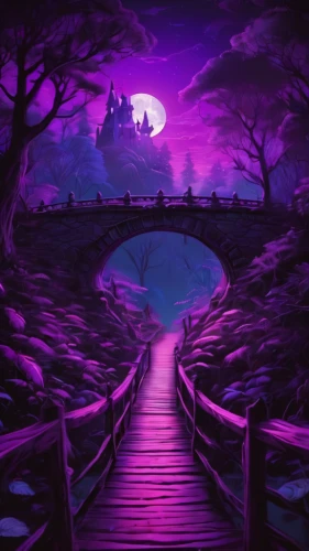 purple landscape,cartoon video game background,purple wallpaper,halloween background,wall,viola bridge,purple background,fantasy landscape,purple,the mystical path,hangman's bridge,purple moon,pathway,halloween border,wooden bridge,landscape background,halloween wallpaper,devil's bridge,devilwood,fantasy picture,Illustration,Realistic Fantasy,Realistic Fantasy 02