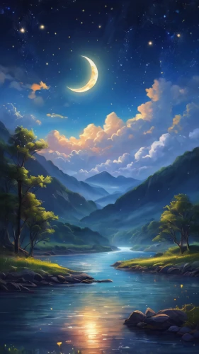 landscape background,fantasy landscape,moon and star background,moonlit night,fantasy picture,beautiful landscape,crescent moon,lunar landscape,moonlit,nature landscape,dreamland,starry night,dusk background,world digital painting,mountain landscape,high landscape,forest landscape,night sky,cartoon video game background,night scene,Photography,General,Commercial