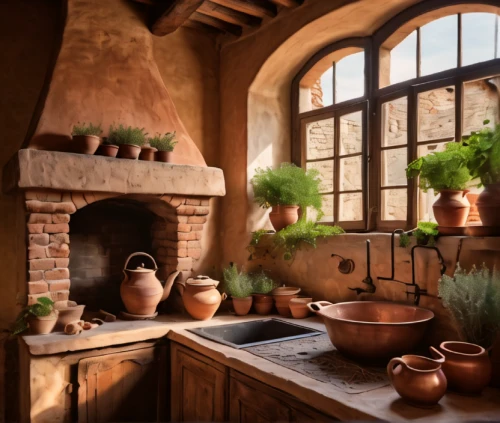 tile kitchen,provencal life,stone oven,terracotta tiles,tuscan,victorian kitchen,kitchen interior,medieval architecture,masonry oven,the kitchen,pizza oven,plants in pots,vintage kitchen,fireplaces,terracotta flower pot,clay pot,terracotta,clay tile,kitchen,copper cookware,Photography,General,Natural