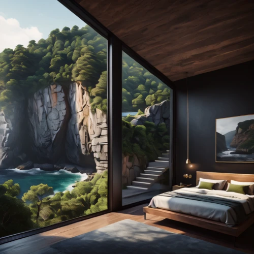 cliffs ocean,house in mountains,bedroom window,house in the mountains,cliffs,ocean view,the cabin in the mountains,inverted cottage,home landscape,beautiful home,secluded,block balcony,window with sea view,overlook,cubic house,3d rendering,cliff top,modern room,sky apartment,render