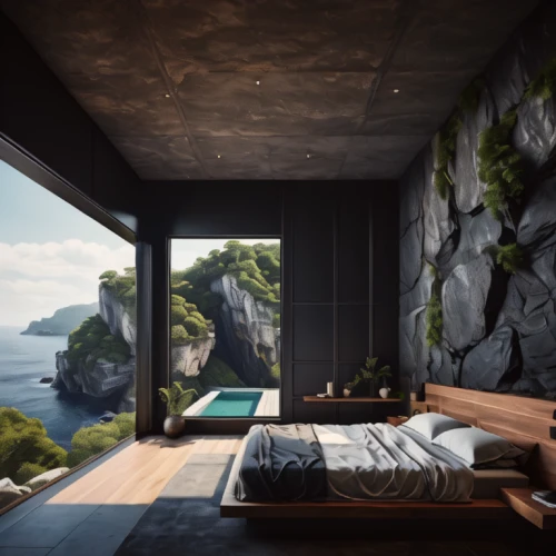 cliffs ocean,cubic house,modern room,inverted cottage,sleeping room,bedroom window,roof landscape,sky apartment,house in mountains,dunes house,interior design,great room,interior modern design,block balcony,coastline,guest room,modern decor,bedroom,window with sea view,beautiful home