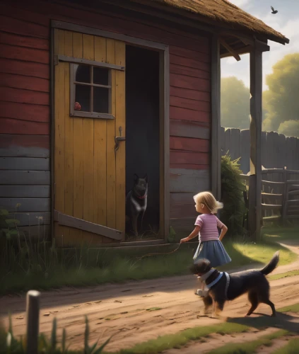 little girl running,dog running,running dog,two running dogs,farmstead,game illustration,dog illustration,boy and dog,pony farm,barnyard,playing dogs,little girl in wind,hunting dogs,game art,dog race,hound trailing,farm pack,dog playing,heidi country,rural,Conceptual Art,Sci-Fi,Sci-Fi 25