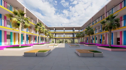 school design,colorful facade,courtyard,dormitory,3d rendering,hotel riviera,inside courtyard,elementary school,north american fraternity and sorority housing,ghana ghs,hotel complex,shenzhen vocational college,holiday complex,hostel,apartments,cube stilt houses,apartment complex,art academy,new building,state school