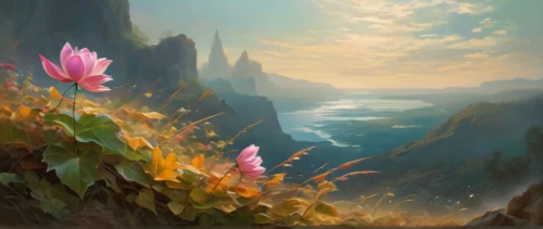 fantasy landscape,landscape background,river landscape,mountain landscape,flower painting,cliffs,landscape rose,coastal landscape,high landscape,mountainous landscape,lotuses,lotus flowers,an island far away landscape,salt meadow landscape,world digital painting,springtime background,small landscape,mountain scene,lilies of the valley,flower in sunset