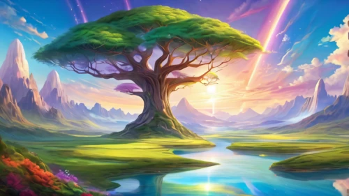 fantasy landscape,magic tree,mushroom landscape,druid grove,colorful tree of life,landscape background,fantasy picture,fairy world,fairy forest,flourishing tree,tree of life,elven forest,cartoon video game background,tree grove,defense,celtic tree,forest background,an island far away landscape,forest landscape,patrol,Illustration,Realistic Fantasy,Realistic Fantasy 01