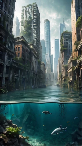 underwater landscape,futuristic landscape,artificial island,post-apocalyptic landscape,artificial islands,underwater oasis,underwater background,submerged,cube sea,aquarium,environment,waterscape,urbanization,harbour city,ocean underwater,underground lake,ocean floor,fantasy city,dystopia,world digital painting