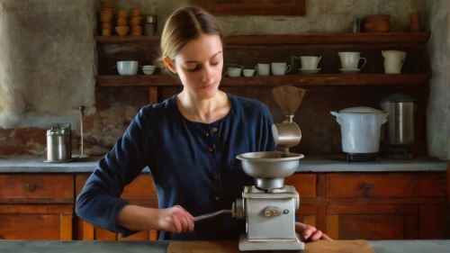 woman drinking coffee,moka pot,coffee grinder,samovar,girl in the kitchen,barista,chemex,coffeemaker,mennonite heritage village,tinsmith,café au lait,coffee pot,espresso,milkmaid,vintage kitchen,espressino,coffee maker,grant wood,hand drip coffee,single-origin coffee,Photography,Documentary Photography,Documentary Photography 21