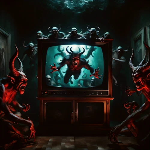 devil wall,zodiac,television,the wolf pit,purgatory,trioceros,devil,devils,dark art,madhouse,game illustration,krampus,phobia,tv set,the morgue,lucifer,audience,tv,a dark room,hdtv