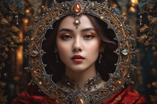 gothic portrait,seven sorrows,the mirror,oriental princess,magic mirror,diadem,priestess,the prophet mary,fantasy portrait,queen cage,makeup mirror,mystical portrait of a girl,mirror of souls,mary-gold,queen of hearts,mirror frame,decorative figure,orientalism,queen crown,adornments,Photography,General,Fantasy