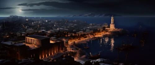 constantinople,kings landing,ancient city,fantasy picture,fantasy city,northrend,black city,digital compositing,imperial shores,the cairo,rome 2,bethlehem,heroic fantasy,night scene,destroyed city,castle of the corvin,city at night,fantasy landscape,nordic christmas,new castle