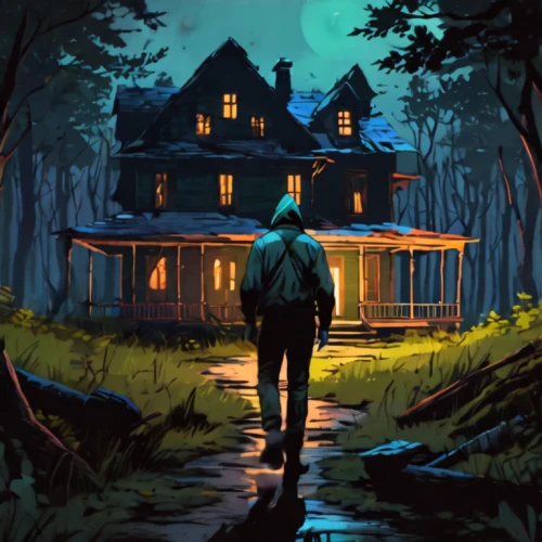 lonely house,house in the forest,house silhouette,the haunted house,home or lost,haunted house,witch's house,game illustration,mystery book cover,cottage,log home,creepy house,old home,witch house,little house,lostplace,game art,dwelling,halloween illustration,house painting