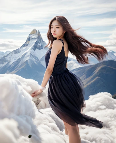 little girl in wind,mountain climber,inner mongolian beauty,mountain spirit,white winter dress,girl on a white background,the spirit of the mountains,ice princess,portrait photography,high-altitude mountain tour,image manipulation,the snow queen,mountain climbing,snowfield,high alps,asian woman,gracefulness,snow mountain,landscape background,fusion photography