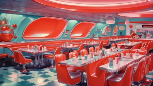 retro diner,ufo interior,drive in restaurant,diner,fast food restaurant,soda shop,atomic age,red robin,soda fountain,spaceship space,a restaurant,new york restaurant,restaurants,fifties,ice cream parlor,fine dining restaurant,interiors,garish,breakfast room,cartoon video game background,Conceptual Art,Sci-Fi,Sci-Fi 29