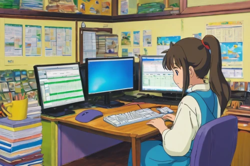 girl at the computer,school administration software,in a working environment,computer room,girl studying,office worker,working space,workstation,switchboard operator,office,windows 95,classroom,windows 7,bookkeeper,workspace,study room,desk,office desk,workplace,work desk,Illustration,Japanese style,Japanese Style 05