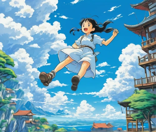 flying girl,studio ghibli,little girl in wind,flying seed,sky,shirakami-sanchi,flying noodles,flying heart,flying,flying seeds,himuto,薄雲,jump,blue sky clouds,blue sky,clouds - sky,jumping,kite flyer,blue sky and clouds,summer sky,Illustration,Japanese style,Japanese Style 05