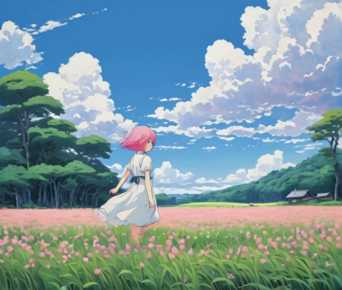 blooming field,sakura background,field of flowers,flower field,lily of the field,flowers field,japanese sakura background,spring background,sea of flowers,dandelion field,springtime background,clover meadow,landscape background,pink grass,flower background,tulip field,summer meadow,summer sky,idyll,dandelion meadow,Illustration,Japanese style,Japanese Style 12