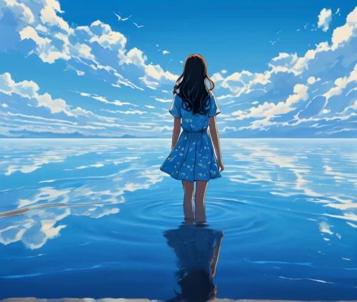 water forget me not,blue waters,blue sea,the endless sea,ocean background,walk on water,blue painting,blue water,blue background,submerged,forget me not,ocean,underwater background,sea ocean,sea,open sea,the sea,ocean blue,blue sky,watery heart,Illustration,Japanese style,Japanese Style 14
