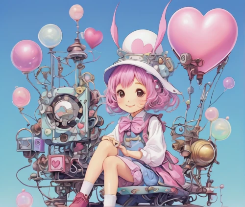 pink balloons,harajuku,candy island girl,balloon,balloon trip,sky rose,captive balloon,shirakami-sanchi,gas balloon,heart pink,naginatajutsu,ballooning,radiatori,bonbon,helium,heliosphere,sphere,balloon-like,pink chair,marionette,Illustration,Japanese style,Japanese Style 18