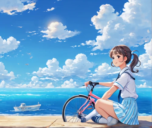 bicycle,bicycling,bicycle ride,euphonium,biking,cycling,bike,bicycle riding,bike ride,tsumugi kotobuki k-on,honolulu,bike riding,ocean background,ocean,bicycles,sea,kantai collection sailor,beach background,summer background,himuto,Illustration,Japanese style,Japanese Style 01