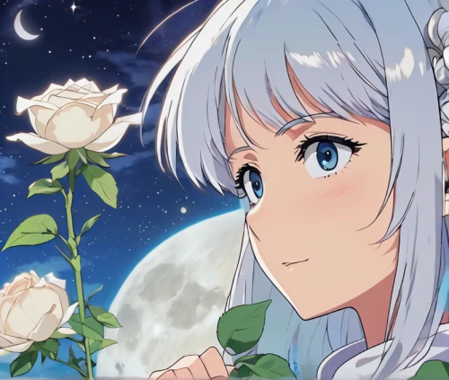 blue moon rose,lunar,lily of the field,moonflower,flowers celestial,luna,moon and star background,white rose,holding flowers,sky rose,peace rose,rem in arabian nights,stars and moon,white roses,flower background,lilly of the valley,romantic rose,the moon and the stars,white heart,white flower,Illustration,Japanese style,Japanese Style 03