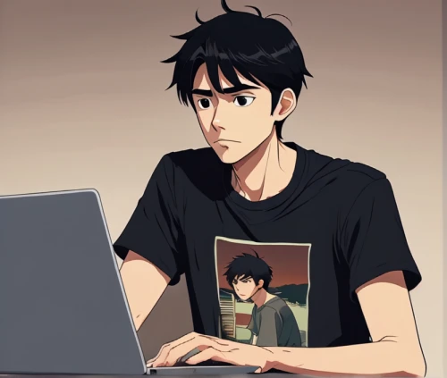 anime boy,man with a computer,isolated t-shirt,animator,anime cartoon,computer freak,tumblr icon,anime 3d,long-haired hihuahua,browsing,yukio,online date,blogger icon,laptop,computer addiction,jim's background,streaming,computer,sits on away,male poses for drawing,Illustration,Japanese style,Japanese Style 14